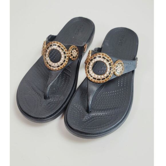 Crocs Shoes - Crocs Sanrah Diamante Wedge Flip Sandal in Black, sz 10